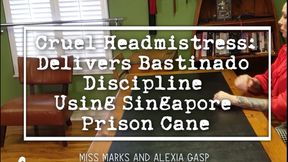 Cruel Headmistress Delivers Bastinado Discipline Using Singapore Prison Cane