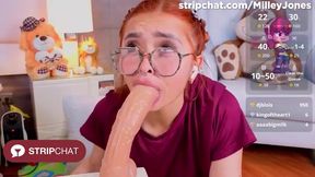 Skinny Redhead with Glasses Gives Intense Deepthroat Blowjob with Huge Dildo