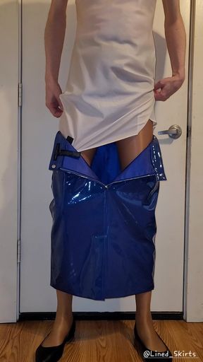 Showing off my blue PVC skirt.