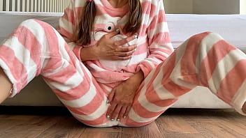 asian teen 18yo in pajamas masturbating small tits horny pussy and squirting orgasm