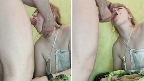 So far, her husband was drinking in the sauna, I fucked his wife in the mouth with a thick dick