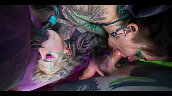 Tattooed babes get thoroughly used by a dominant duo