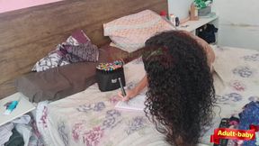 Young woman bored of painting decided to send cucumber in her ass