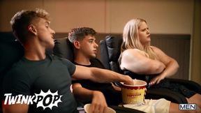 Twink Pop secret handjobs in cinema seat explode rough cumshots