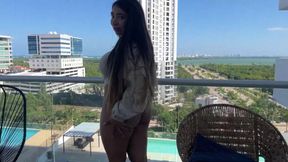 Anal sex on the balcony with my perverted stepdad he filled my ass with his hot cum, bareback!