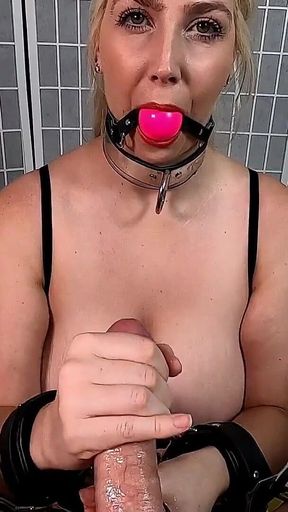 Restrained Handjob - Ball Gag, Restrained, Blonde Bimbo Gives a Hand Job