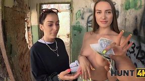 A lesbian babe gave in and rode his dick for some cash POV