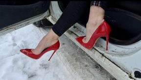 My new RED Stiletto High Heels, 12 cm heels on the snow