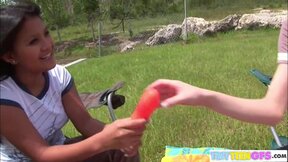 ”BrookeSkye & Asian Sexy Girl Licking & Masturbating Dildo Outdoor”