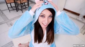 A teen in onsie pajamas sucks a huge dick and does cowgirl. POV.