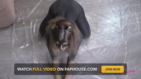 Dober-woman sucks dick, rides top and doggystyle getting cumshot on ass