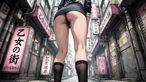 Young Japanese woman pees in men's restroom and on the street while man watches.
