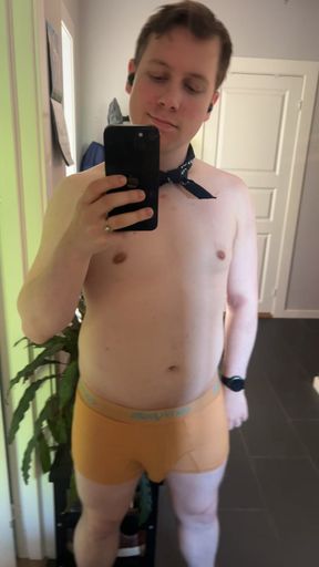 Locked sub showing off his caged cock in chastity