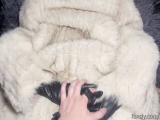 Blow job and doggy style in silverfox furry coat with leather gloves