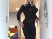 Brigitte's Black dress (trans, crossdress, mask, female mask, fetish, blonde, pantyhose, high heels)