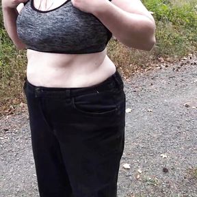 Punishment walk - stuffing her bra and panties in the woods