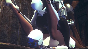 Din Djarin having fun with 2 Haydee Robots - Starwars The Mandalorian - Haydee Crossover parody