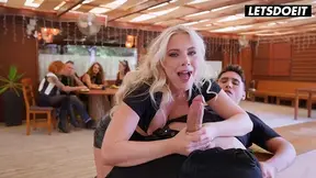 Tattooed blonde with giant natural knockers gets naughty at the bar.