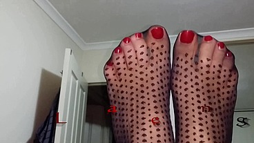 Dani_Leg in Black Dot Patterned Pantyhose with Hot Sexy Red Toenails