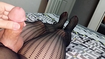 Dani_Leg in Black Dot Patterned Pantyhose with Hot Sexy Red Toenails