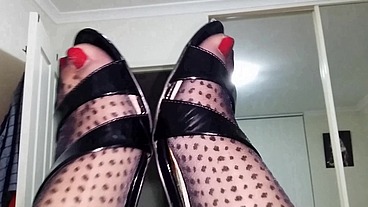 Dani_Leg in Black Dot Patterned Pantyhose with Hot Sexy Red Toenails