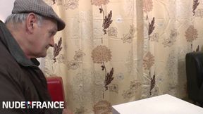 Horny brunette fucks old man in waiting room