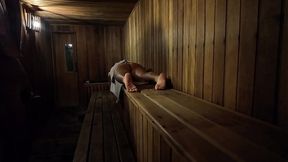 Hairy MILF gives handjob in public sauna