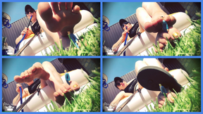 Little weak man destroyed by Giantess feets outdoor