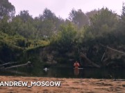 Risky adventure naked boy jerking on the misty river.