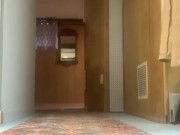 Young hippie guy shows skinny body and jerks off on living room floor