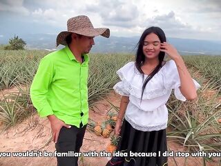 A Colombian peasant is picked up by a guy who strips her in nature's garb in a pineapple plantation to screw her