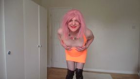 Orange dress and black latex boots