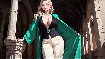 AI generated-Green Suit Secretary! Ordered to organize files in the study, she deliberately exposes her deep V-neck and long legs.