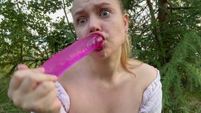 public forest blowjob deepthroat big pink dildo with so much spit!