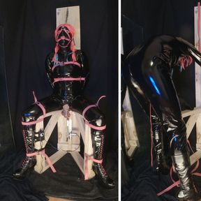 Strapped to Fucking Machine Chair in PVC Catsuit Gagged in Chastity