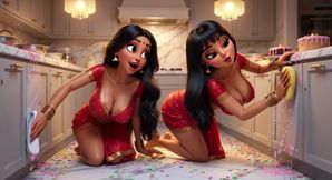 Two voluptuous Indian lesbians cleaning kitchen floor on all fours in revealing traditional attire no panties