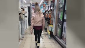 Public in a nylon open-crotch catsuit! Cute tranny girl cums while shopping!