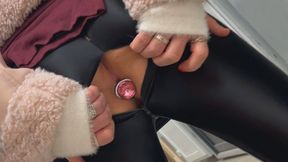 Public in a nylon open-crotch catsuit! Cute tranny girl cums while shopping!