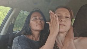 Face slapping and hand fetish sitting in the car 2 H