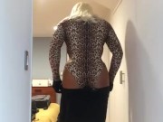 Sloan being ladylike (female mask, skirt, pantyhose, mask, crossdress, trans, wig, heels, transform)