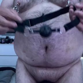 Cock and ball bondage with nipple clamps and butt plug