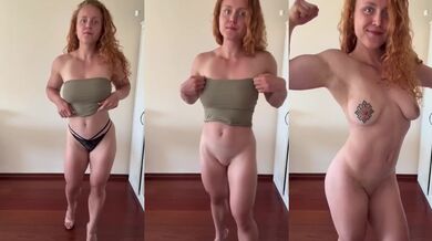 Muscular redhead flexes big clit raw solo with biceps flexing