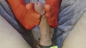 Latina MILF Gives Blowjob and Footjob Until I Cum on Her Red Stocking Feet