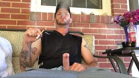 Smoking and Stroking Big White Cock Outside on the Porch