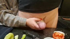 Crazy MILF gets extreme cock and cucumber treatment in the kitchen