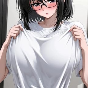 A beautiful woman with huge breasts and glasses