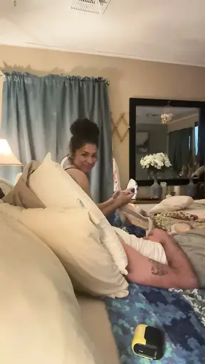 Lucky hubby gets a soaking wet sloppy blowjob from his sexy Latina MILF