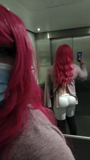 Sexy trans pink hair thong booty in elevator