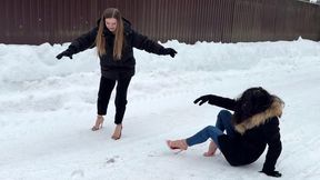 Girls on stilettos walking on ice, high heels on snow, high heels sliding, slippery stilettos, strappy high heels on ice