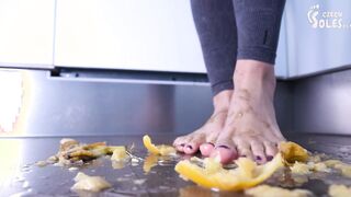 Crushing fruits under her hot bare foot, point of view (food crushing, pov trample, bare foot, pov toes)